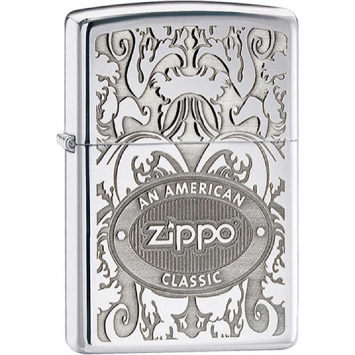 Зажигалка ZIPPO American Classic, латунь с покрытием High Polish Chrome, серебристый, 36х12x56 мм